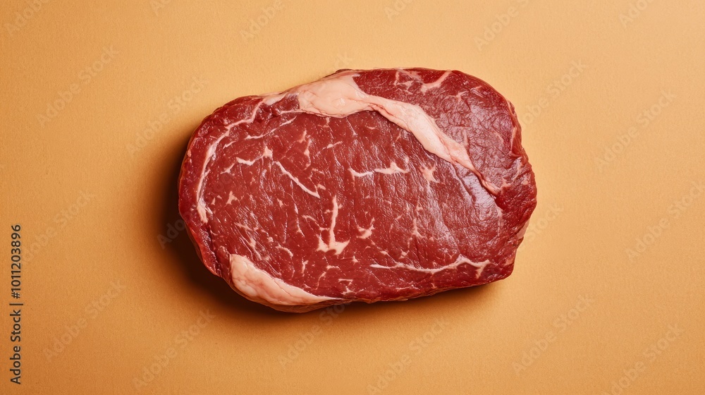 Raw Ribeye Steak on Tan Background. Raw Ribeye Steak on Tan Background.