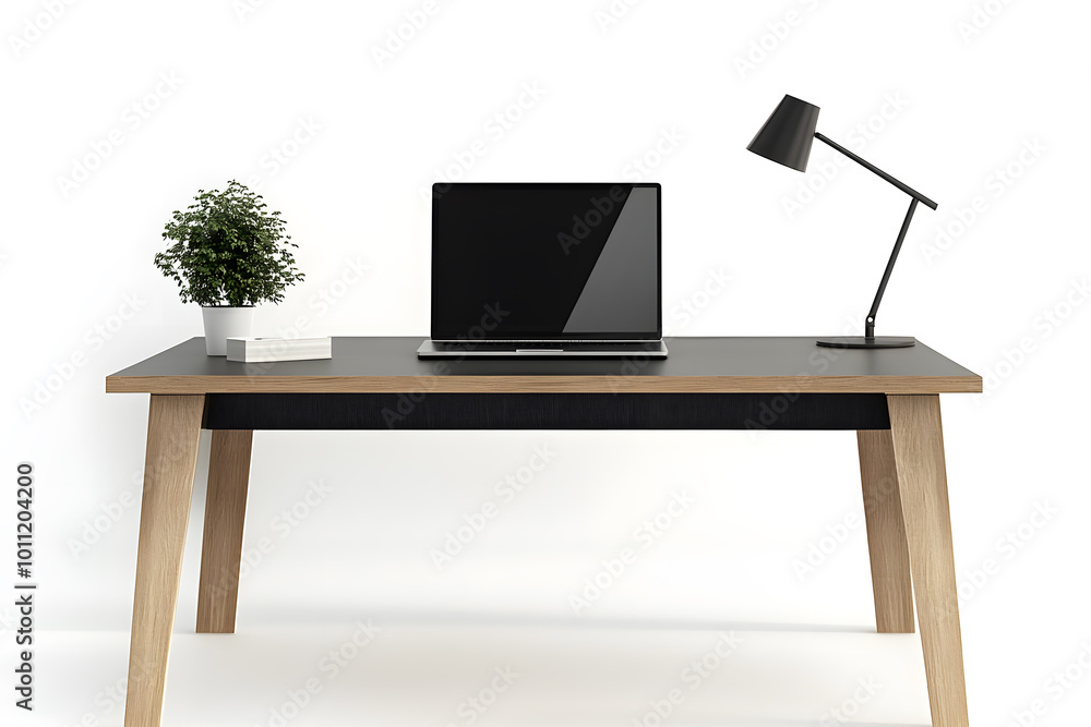 Workspace mock up. Modern wooden office desk with modern laptop computer isolated on white background Workspace mock up. Modern wooden office desk with modern laptop computer isolated on white background