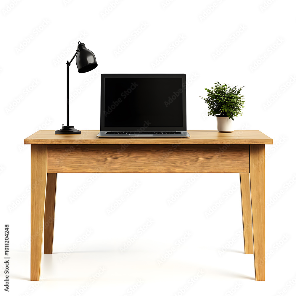 Workspace mock up. Modern wooden office desk with modern laptop computer isolated on white background Workspace mock up. Modern wooden office desk with modern laptop computer isolated on white background