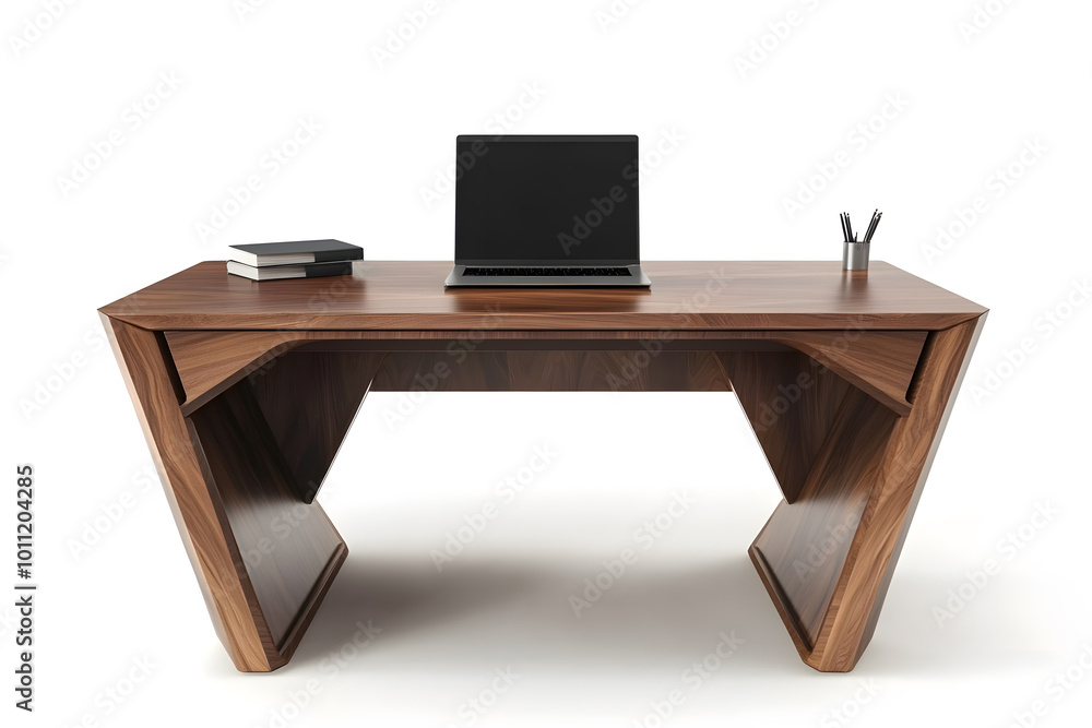 Workspace mock up. Modern wooden office desk with modern laptop computer isolated on white background Workspace mock up. Modern wooden office desk with modern laptop computer isolated on white background