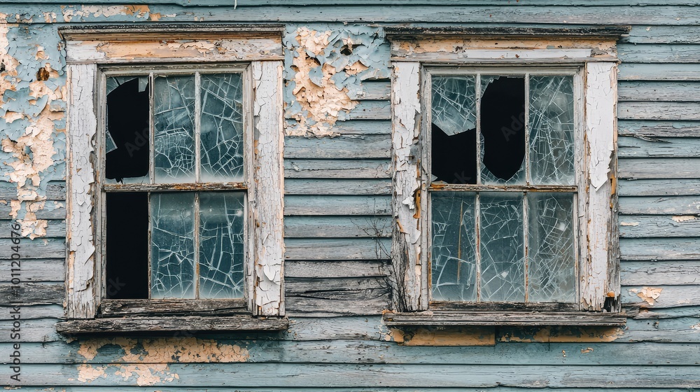 Weathered windows on a blue wooden wall showcase peeling paint and cracked glass, reflecting the passage of time. Weathered windows on a blue wooden wall showcase peeling paint and cracked glass, reflecting the passage of time.