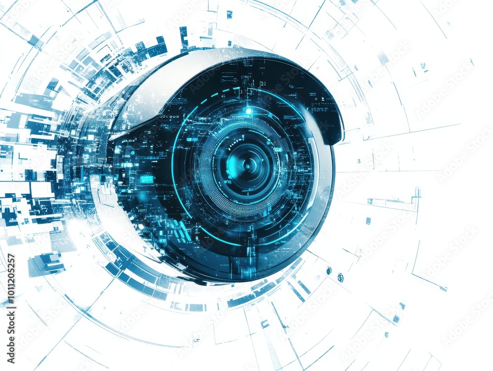 Obraz premium Surveillance camera with futuristic digital overlay, showcasing IoT data integration for realtime monitoring