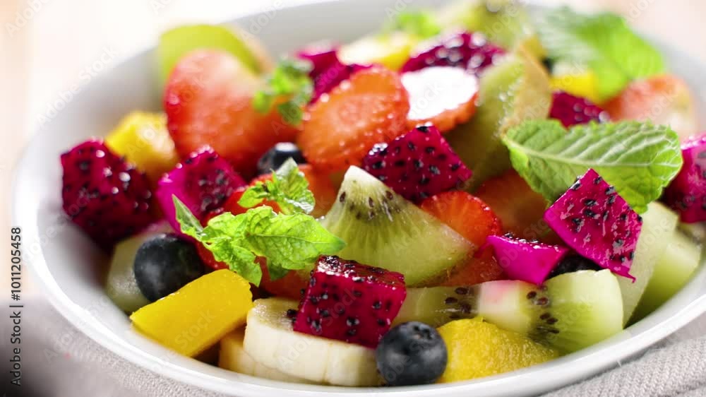 Bowl of juicy fruit salad with pitaya, mango, and strawberry. health food Bowl of juicy fruit salad with pitaya, mango, and strawberry. health food