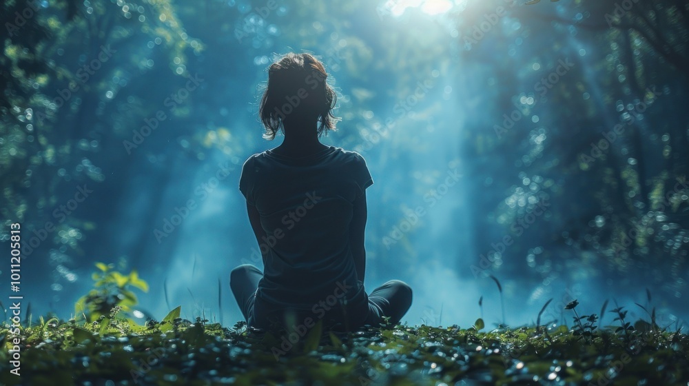 Girl meditating .A serene moment of meditation in a misty forest during the early morning light. Generative AI Girl meditating .A serene moment of meditation in a misty forest during the early morning light. Generative AI