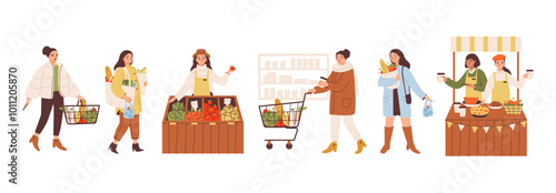 Local farm seller offering fresh vegetables. Woman with shopping for organic produce. Sustainable retail and organic food sales. Flat vector set