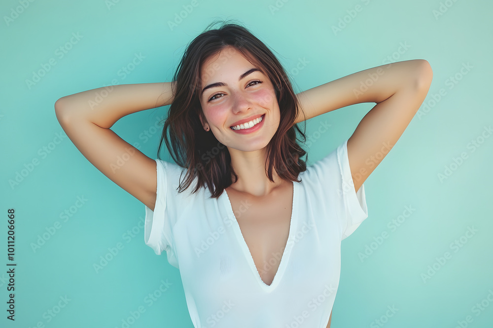 Smiling Young Woman with Long Dark Hair Posing Against a Light Blue Background Smiling Young Woman with Long Dark Hair Posing Against a Light Blue Background
