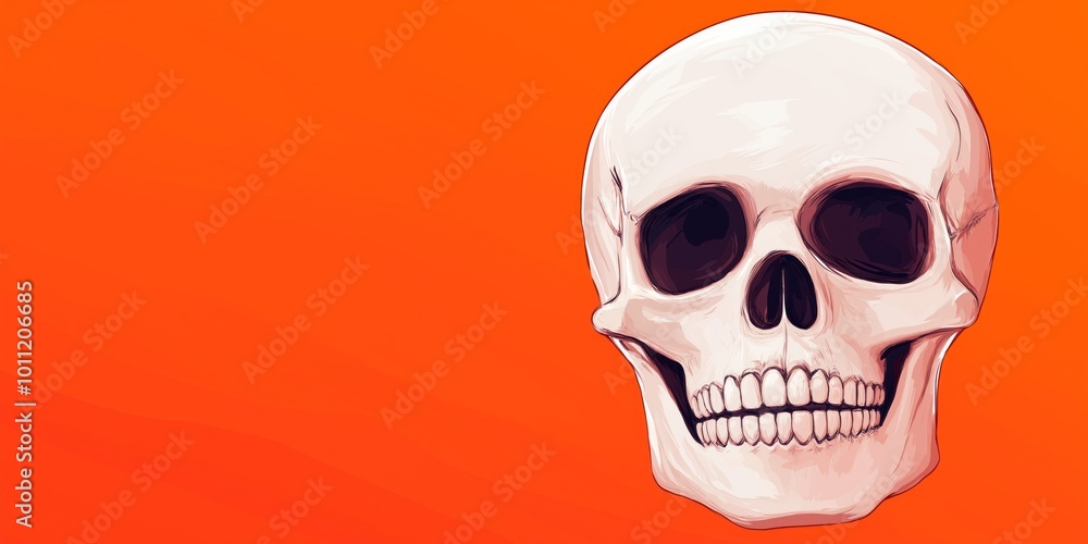 Realistic skull illustration on vibrant orange background with Halloween or spooky theme Realistic skull illustration on vibrant orange background with Halloween or spooky theme