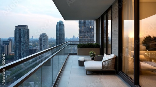 Modern balcony with city skyline view at sunset