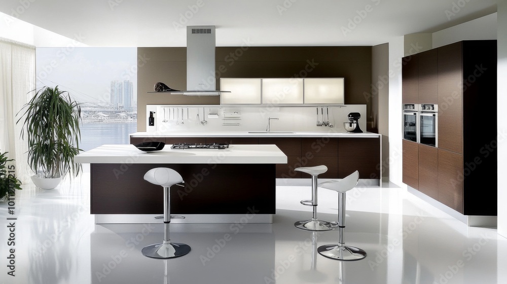 Modern Sleek Kitchen with Open Space and City View Modern Sleek Kitchen with Open Space and City View