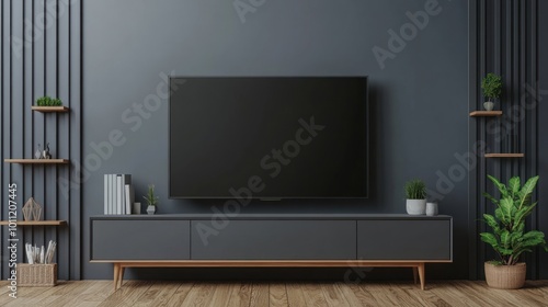 Modern Living Room Interior with TV Stand and Shelving.