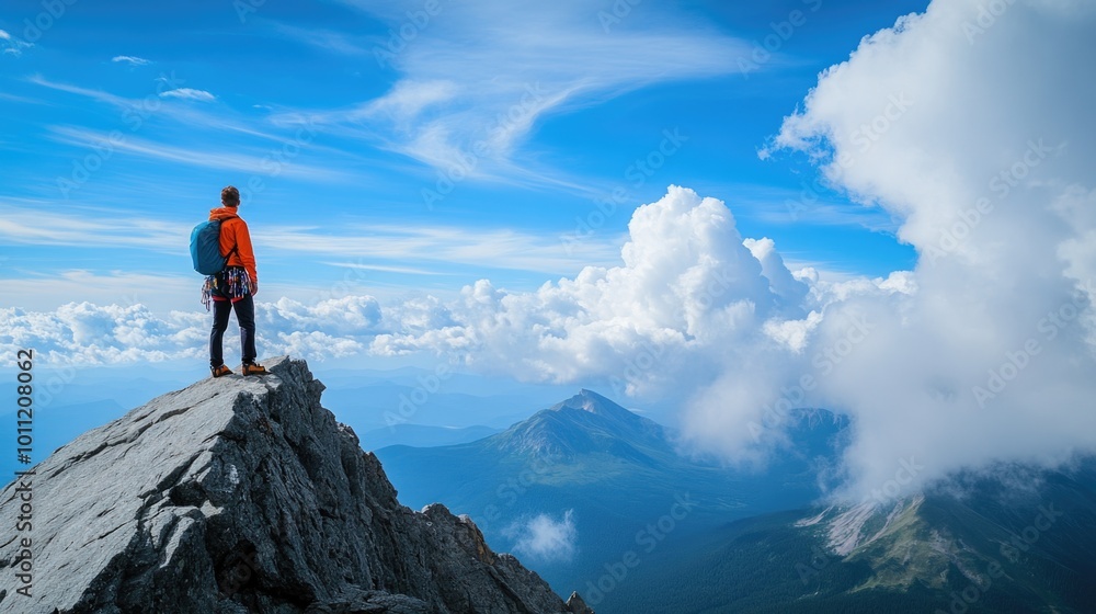 Hiker Standing on Mountain Peak Looking Over Scenic Horizon Hiker Standing on Mountain Peak Looking Over Scenic Horizon