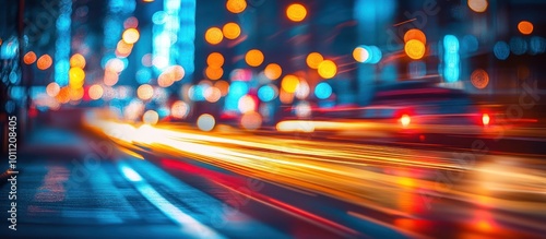 Abstract city lights at night with blurred lights and streaking traffic.