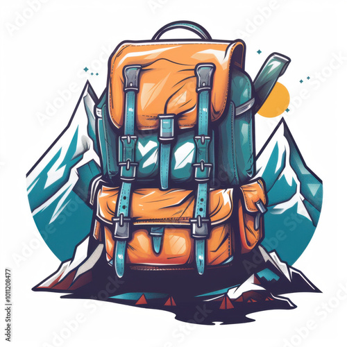 Tourist backpack with mountains on background. Logo for tourist day. Modern illustration.