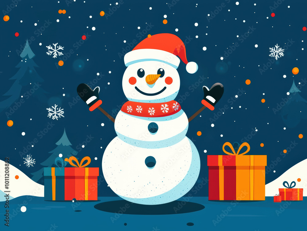 Cheerful snowman wearing red hat and scarf stands amidst falling snowflakes, surrounded by colorful gift boxes, creating festive holiday atmosphere Cheerful snowman wearing red hat and scarf stands amidst falling snowflakes, surrounded by colorful gift boxes, creating festive holiday atmosphere