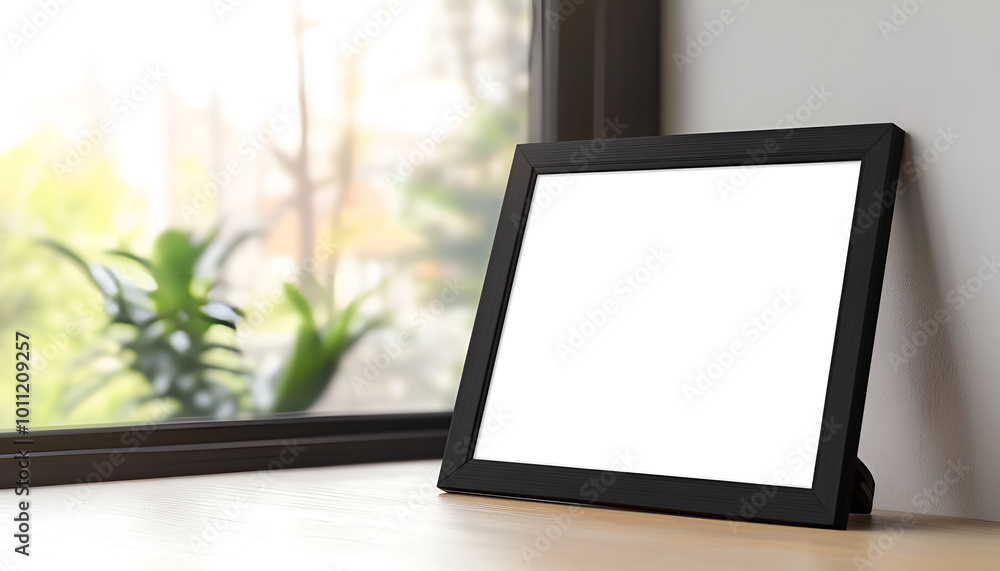 A blank white frame rests on a table, positioned in front of a window, allowing natural light to illuminate the scene. A blank white frame rests on a table, positioned in front of a window, allowing natural light to illuminate the scene.