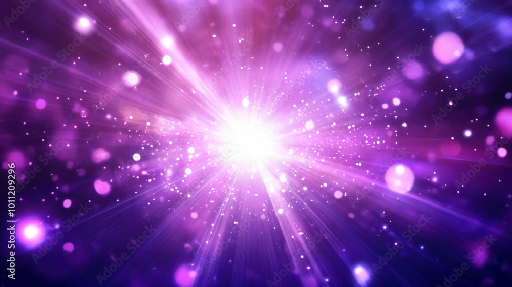 Obraz premium Bright Radiant Light Burst with Glowing Purple Particles and Bokeh Effect.