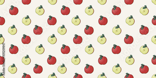 Cartoonish style apples seamless pattern. Endless ornament with ripe summer fruits. Half apple background. Vector for textile bed linen fabric print. EPS 10