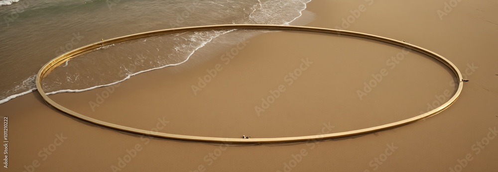 Obraz premium mesmerizing aerial view of a beach with a golden ellipse casting a shadow on the sand. The waves gently meet the shore