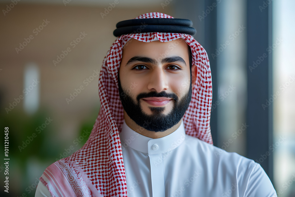 Portrait of a Smiling Arab Man in Traditional Attire with a Modern Background Portrait of a Smiling Arab Man in Traditional Attire with a Modern Background