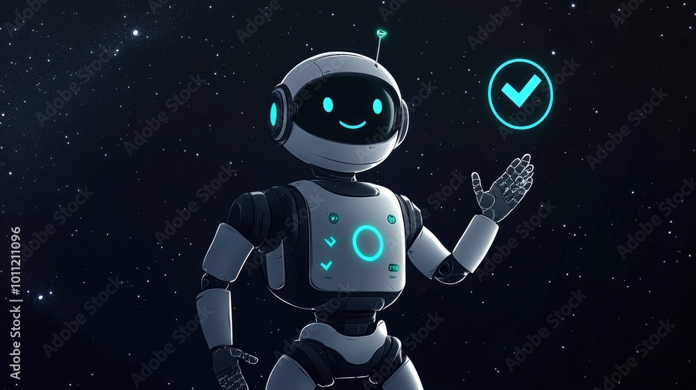 Smiling Robot Waving in Outer Space Smiling Robot Waving in Outer Space