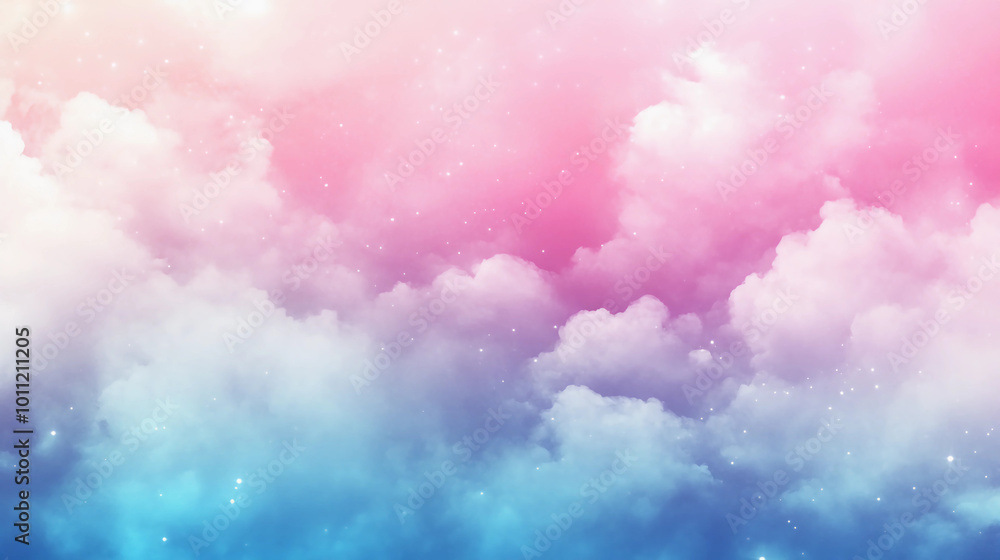Fototapeta premium Dreamy Pastel Sky with Soft Clouds and Sparkling Stars in Pink and Blue Gradient. Serene and Ethereal Background for Fantasy, Nature, or Inspirational Themes.