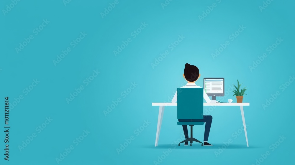 Fototapeta premium Person working at desk with computer and plant, blue background
