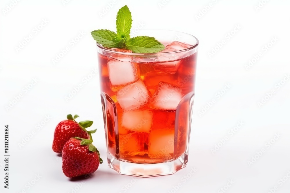 Strawberry ice tea in glass with mint on white background Strawberry ice tea in glass with mint on white background