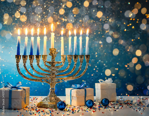 Glowing Menorah with Flickering Candles, Blue and White Confetti, and 