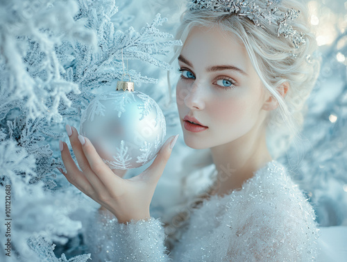 serene woman with striking blue eyes holds delicate ornament amidst frosty trees, embodying winter wonderland. Her ethereal presence enhances magical atmosphere