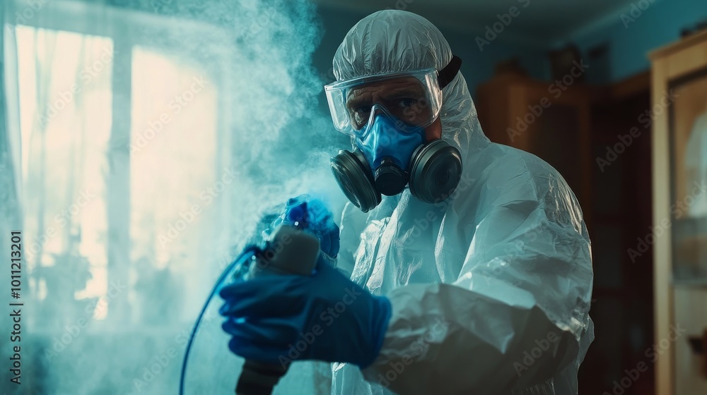 Old man in overalls, glasses, and mask sprays room with blue solution. Old man in overalls, glasses, and mask sprays room with blue solution.