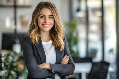 Confident businesswoman smiling in a modern office environment, arms crossed, professional attire