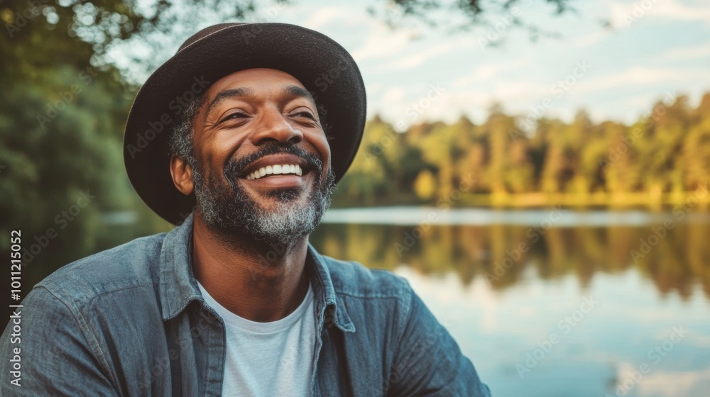 Obraz premium Man with a hat smiling by the lake on a sunny day