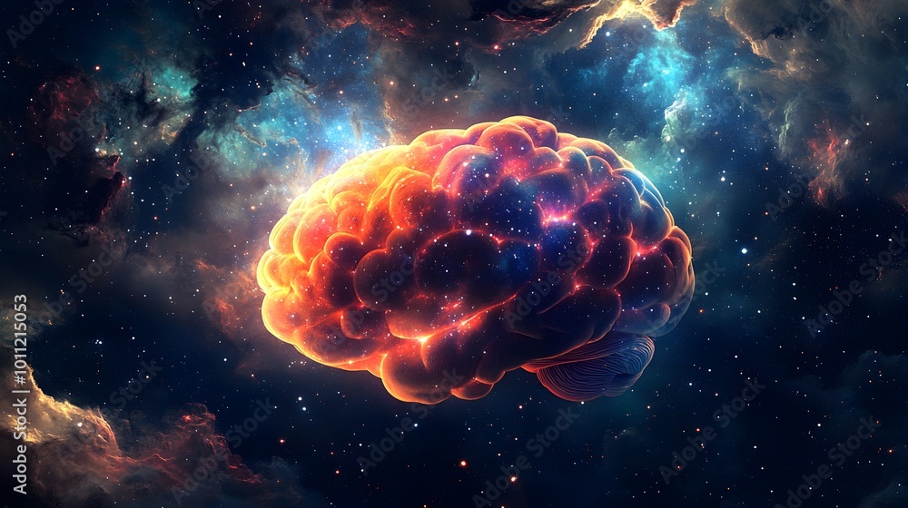 A breathtaking image of a glowing nebula in space, shaped like a human brain, with vibrant swirls of multicolored gases and stars, symbolizing the infinite potential of human imagination and A breathtaking image of a glowing nebula in space, shaped like a human brain, with vibrant swirls of multicolored gases and stars, symbolizing the infinite potential of human imagination and
