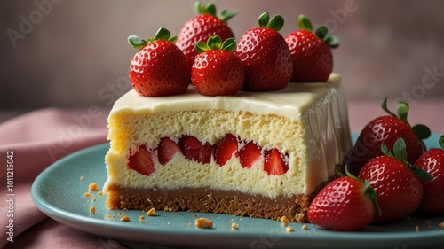 A slice of white chocolate cheesecake with a strawberry filling and fresh strawberries on top, on a blue plate.