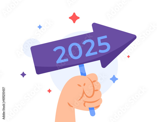 development concept. progress and continue to develop in 2025. future and forward. illustration of hand holding a direction board with the number 2025. flat style design. poster elements