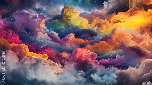 A serene night sky filled with brightly colored clouds drifting among countless stars, creating a dreamy, ethereal scene that symbolizes the boundless possibilities of dreams and imagination.  photo