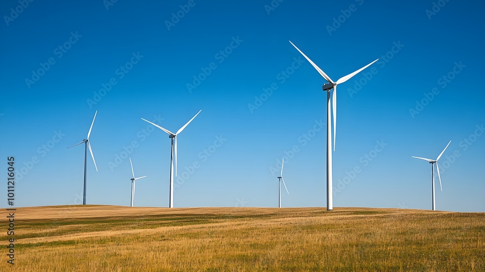 A stunning image of multiple wind turbines standing tall against a clear blue sky, gracefully spinning to generate renewable energy, showcasing the advancement of clean green technology in a A stunning image of multiple wind turbines standing tall against a clear blue sky, gracefully spinning to generate renewable energy, showcasing the advancement of clean green technology in a