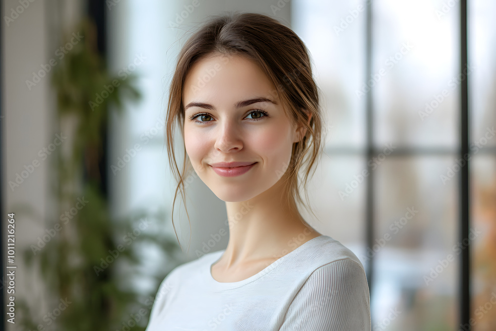 Beautiful young woman smiling in a bright interior with natural light and relaxed ambiance Beautiful young woman smiling in a bright interior with natural light and relaxed ambiance