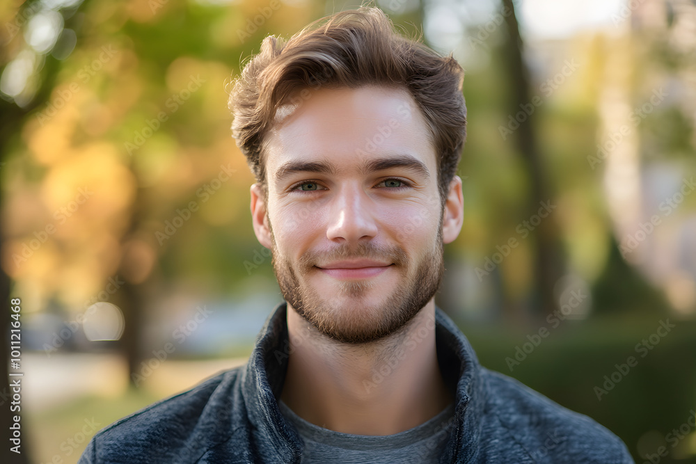 Fototapeta premium Smiling young man portrait in a natural outdoor setting, autumn colors