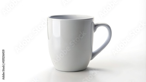 minimal white mug on pure white background, showcasing its sleek design and smooth surface. Perfect for coffee or tea lovers, this mug adds touch of elegance to any setting