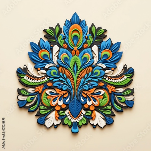 3D Ornate Floral Rangoli Art with Blue and Green Hues for Diwali Festival Celebration