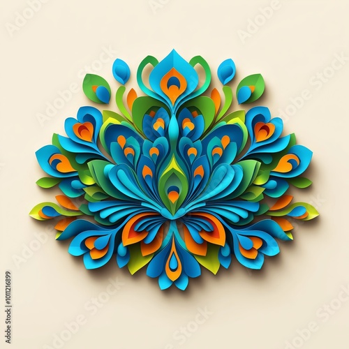 3D Intricate Colorful Rangoli Design with Blue and Green Patterns for Diwali Festival Greeting photo