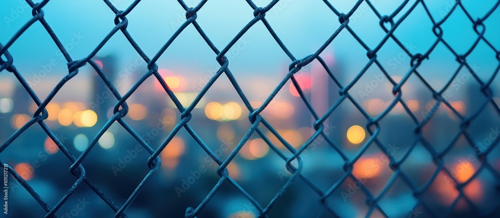 Blurred city lights seen through a chain link fence. Blurred city lights seen through a chain link fence.