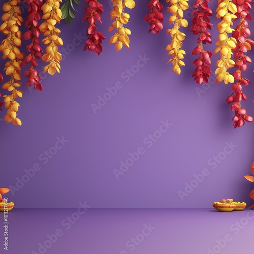 Hanging Flower Garlands on Purple Background for Diwali Greeting or Festival Celebration Post