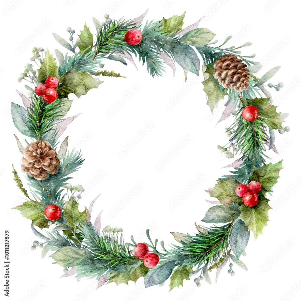 Watercolor Christmas fir wreath with red berries, fir cones, green mistletoe leaves, herbs. Watercolor Christmas fir wreath with red berries, fir cones, green mistletoe leaves, herbs.