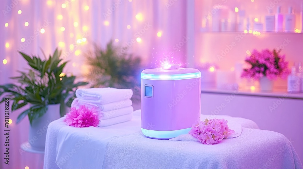 Relaxing spa room with towel warmer and pink floral decor in soft ambient lighting Relaxing spa room with towel warmer and pink floral decor in soft ambient lighting
