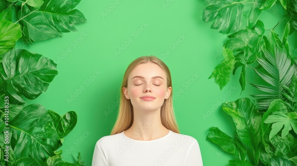 Serene woman meditating amidst lush greenery on vibrant green background Serene woman meditating amidst lush greenery on vibrant green background