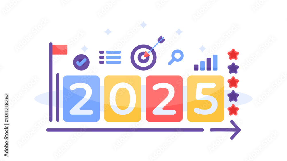 happy new year 2025 concept. business targets, resolutions and goals for next year. illustration of number 2025 with arrow board symbol, flag, star, tick, graph. flat style design. poster elements happy new year 2025 concept. business targets, resolutions and goals for next year. illustration of number 2025 with arrow board symbol, flag, star, tick, graph. flat style design. poster elements