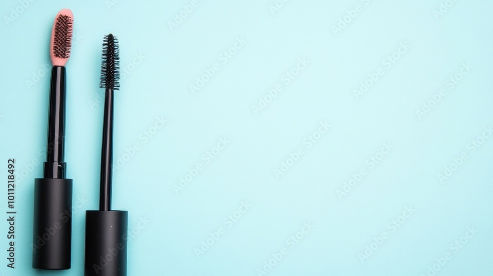 Obraz premium Mascara and Eyelash Serum on Blue Background.