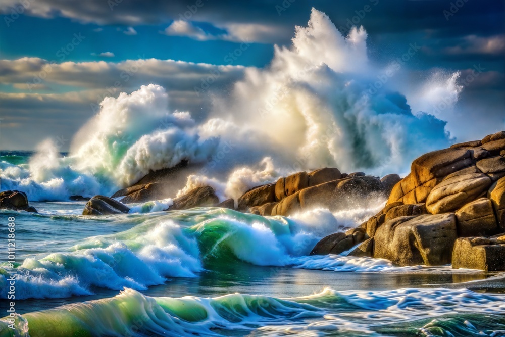 Fototapeta premium Powerful waves against rocky cliffs with turquoise water